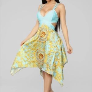 Fashion Nova Baroque Pattern Dress | Turquoise & Gold